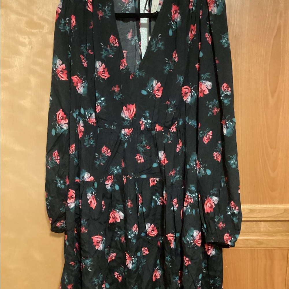 A New Day Floral V-Neck Long Sleeve Black Tiered Dress with Pink Rose Print NWT
